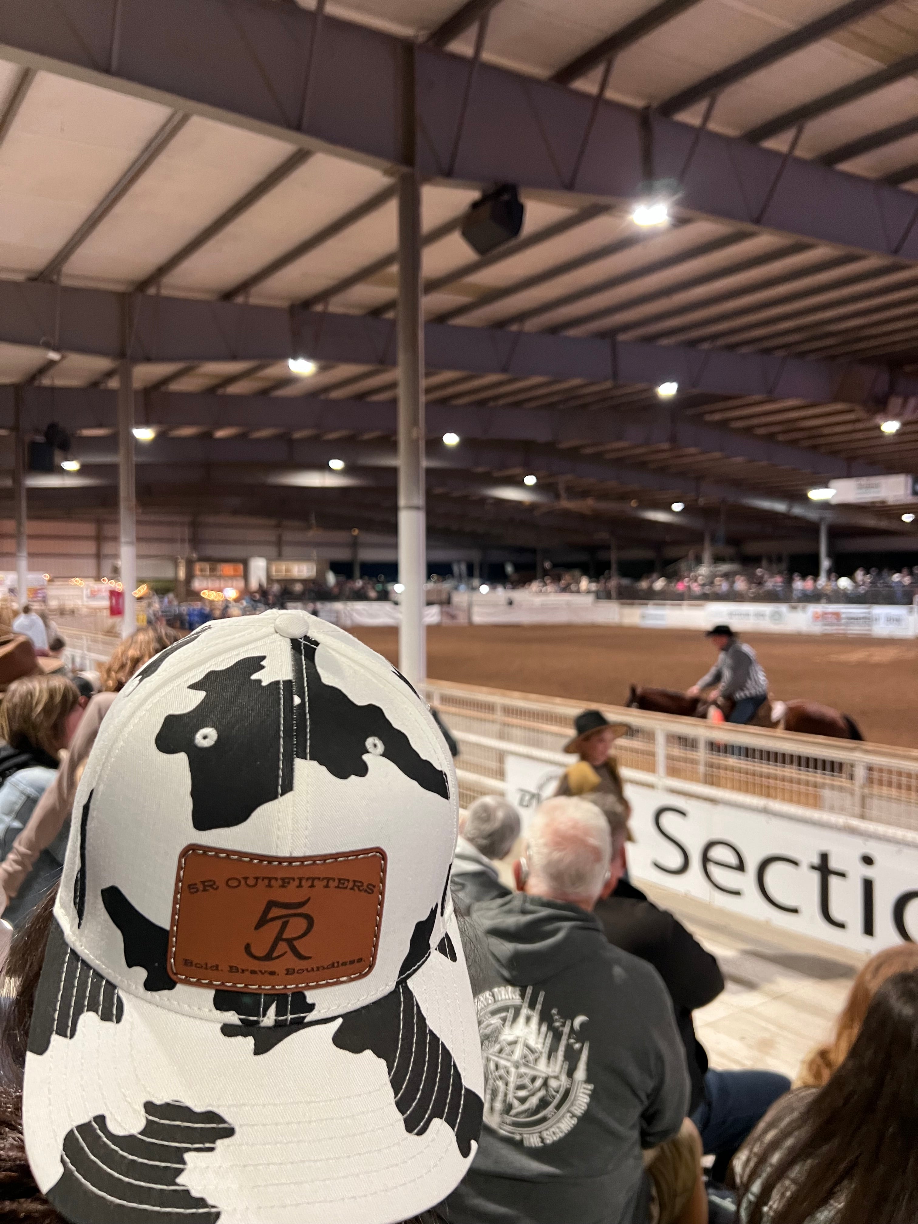 5R Sewn Leather Patch Cow Print Trucker