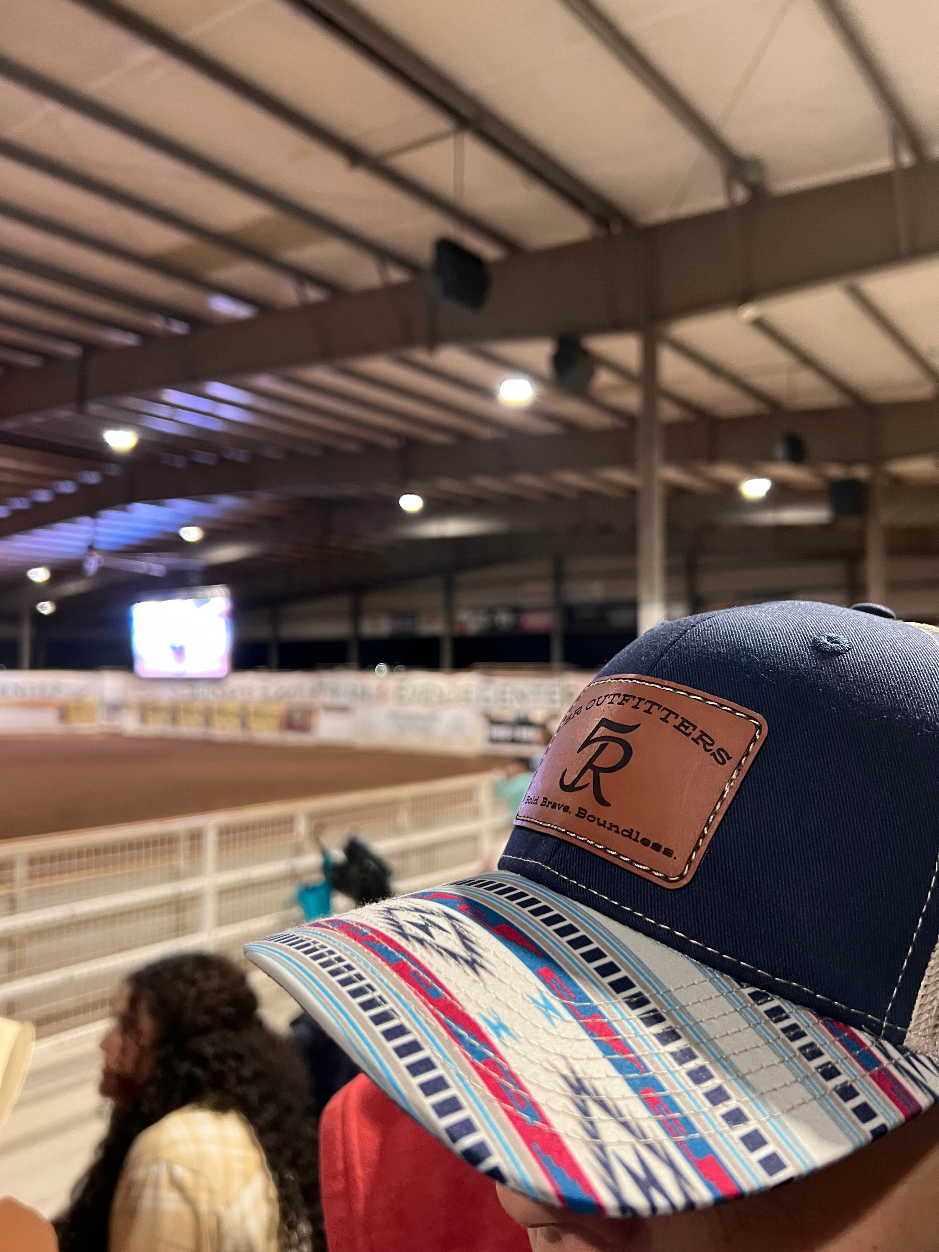 5R Sewn Leather Patch Blue Denim Blue Bill Aztec Bill Trucker