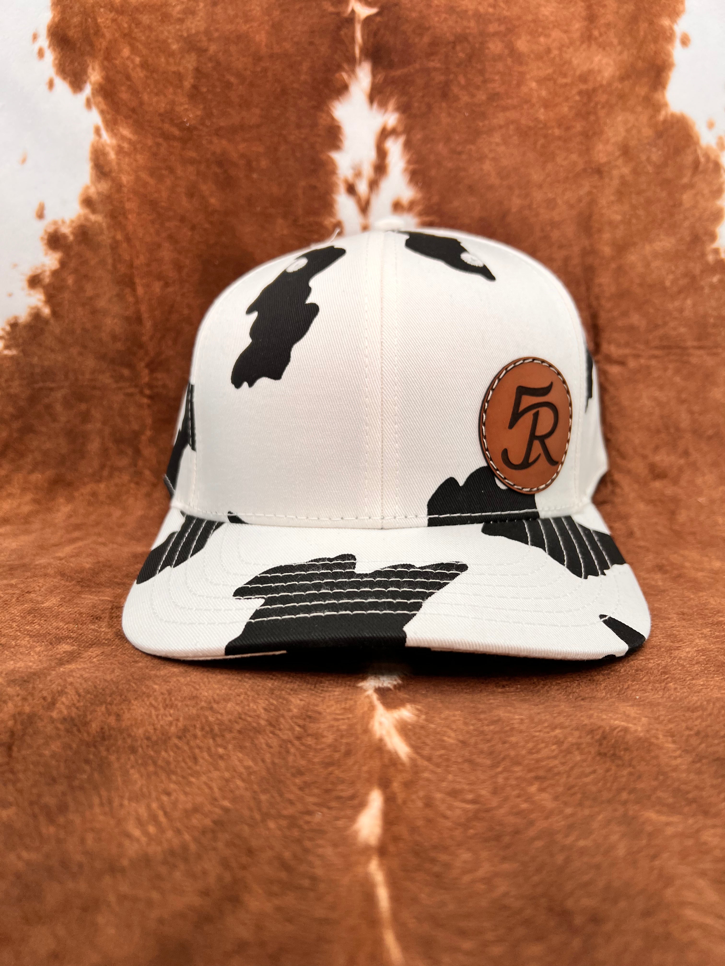5R Sewn Leather Patch Cow Print Trucker