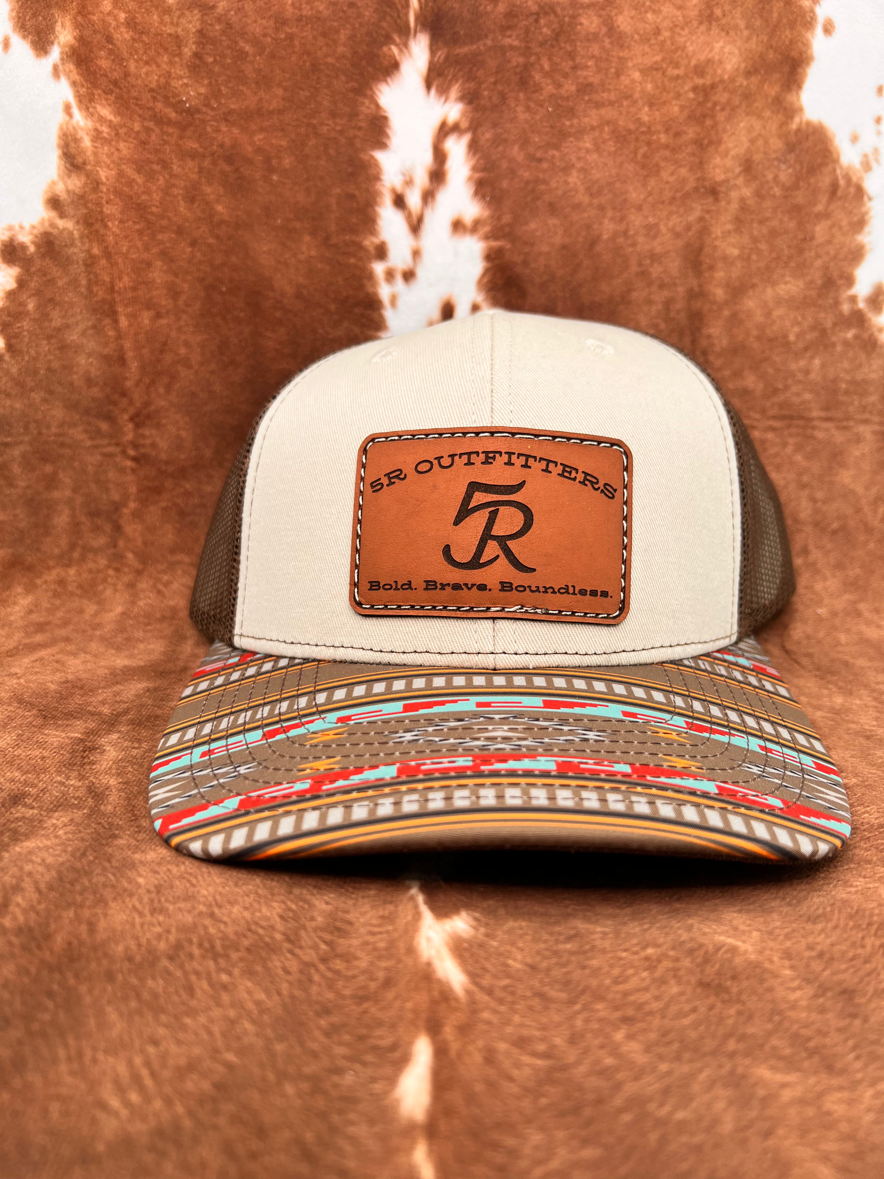 5R Sewn Leather Patch - Stone & Brown with Aztec Bill Trucker