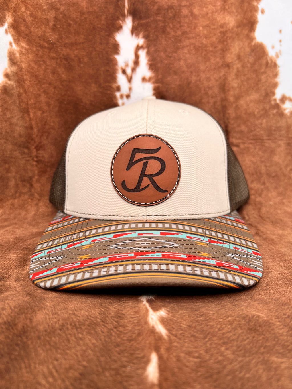 5R Sewn Leather Patch - Stone & Brown with Aztec Bill Trucker