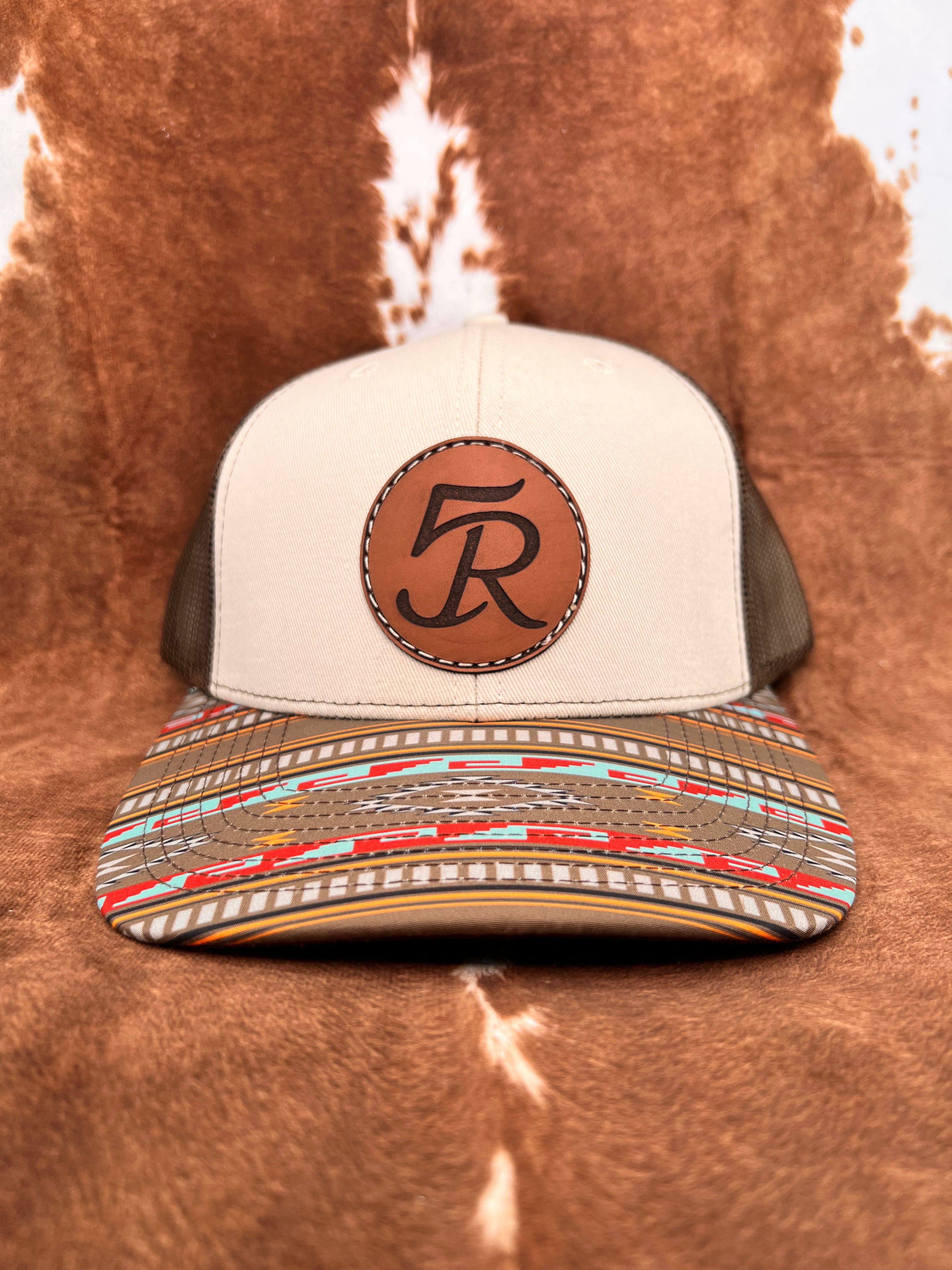 5R Sewn Leather Patch - Stone & Brown with Aztec Bill Trucker