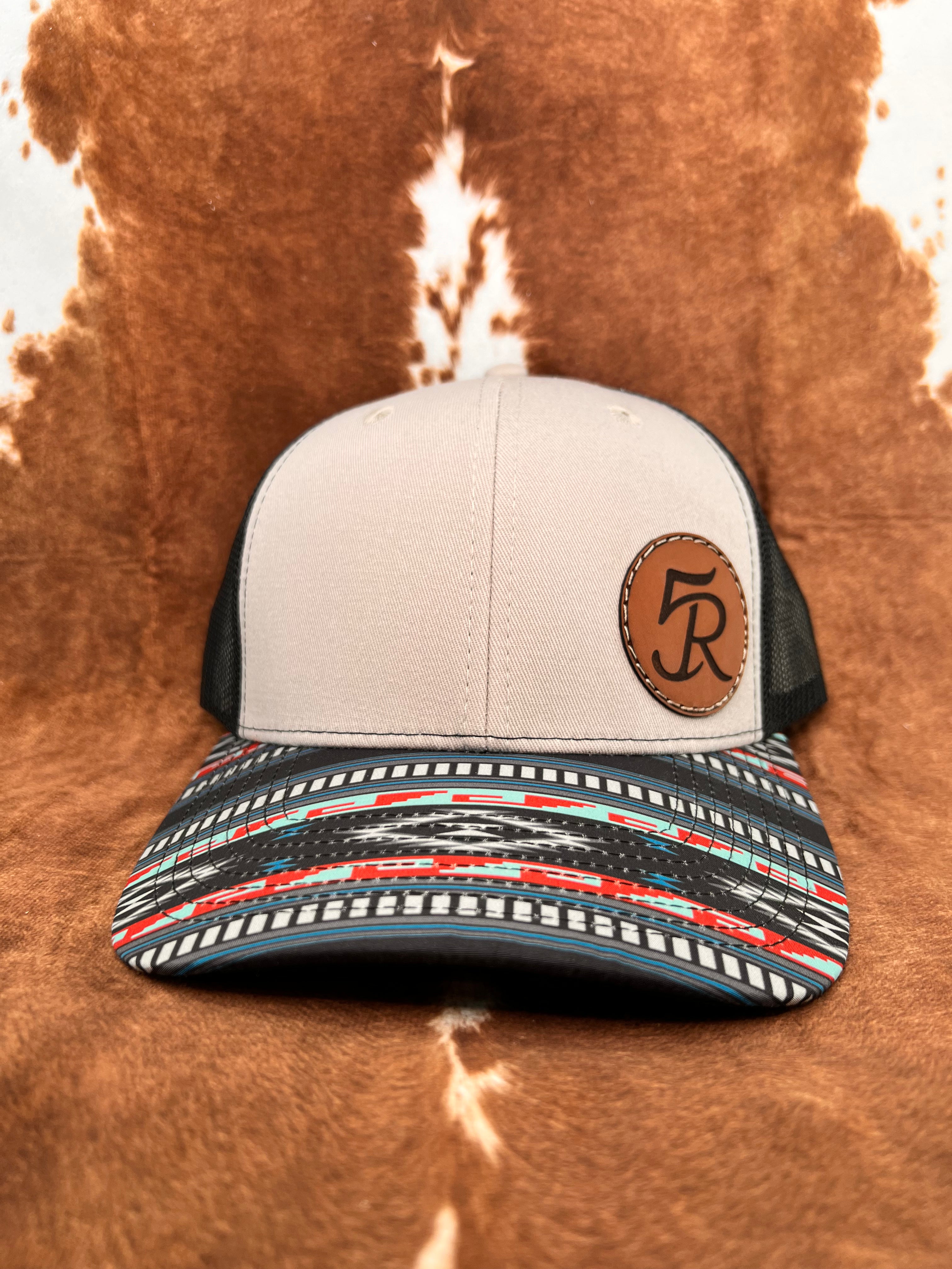 5R Sewn Leather Patch - Grey & Black with Aztec Bill Trucker
