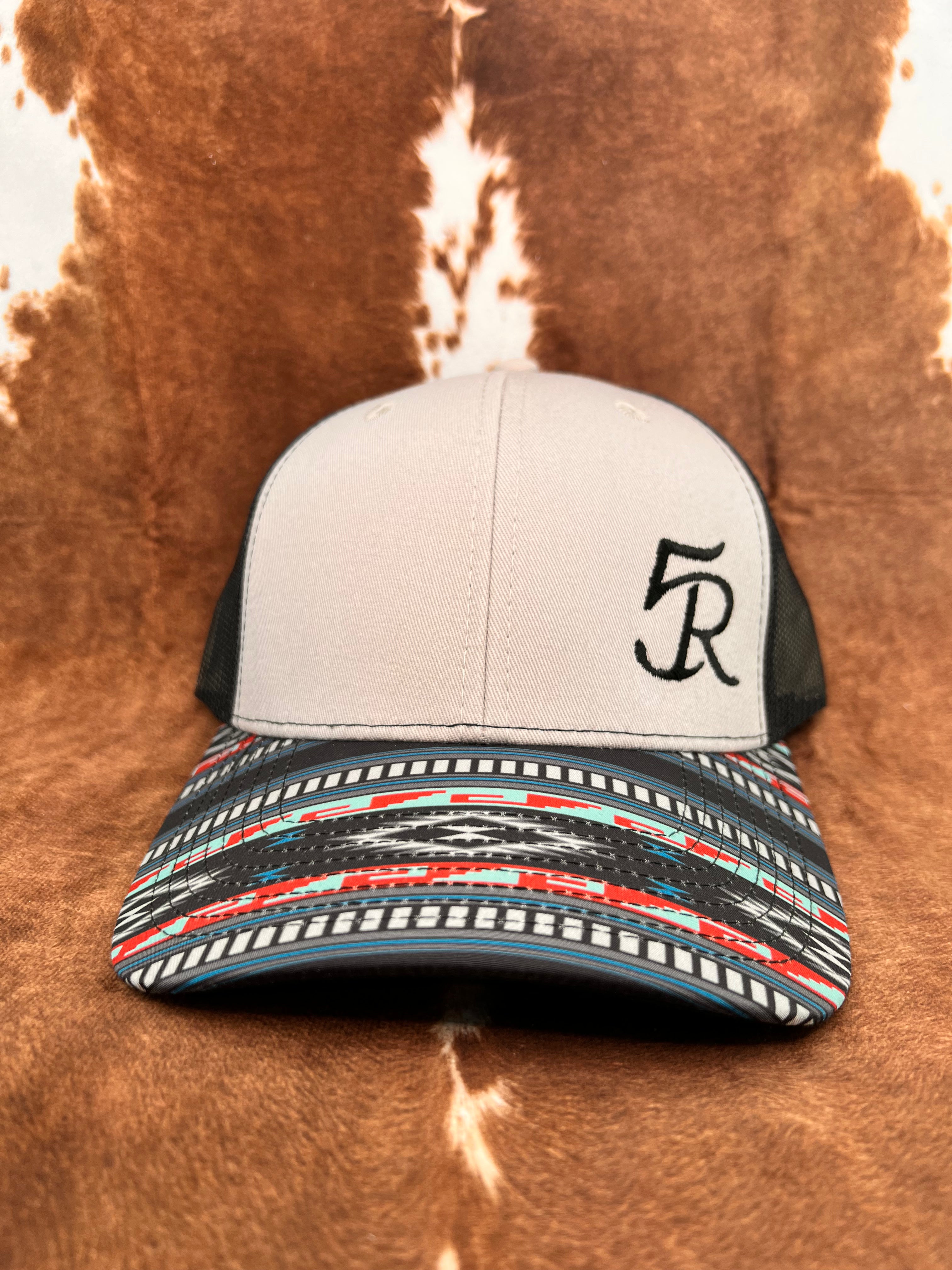 5R Sewn Leather Patch - Grey & Black with Aztec Bill Trucker