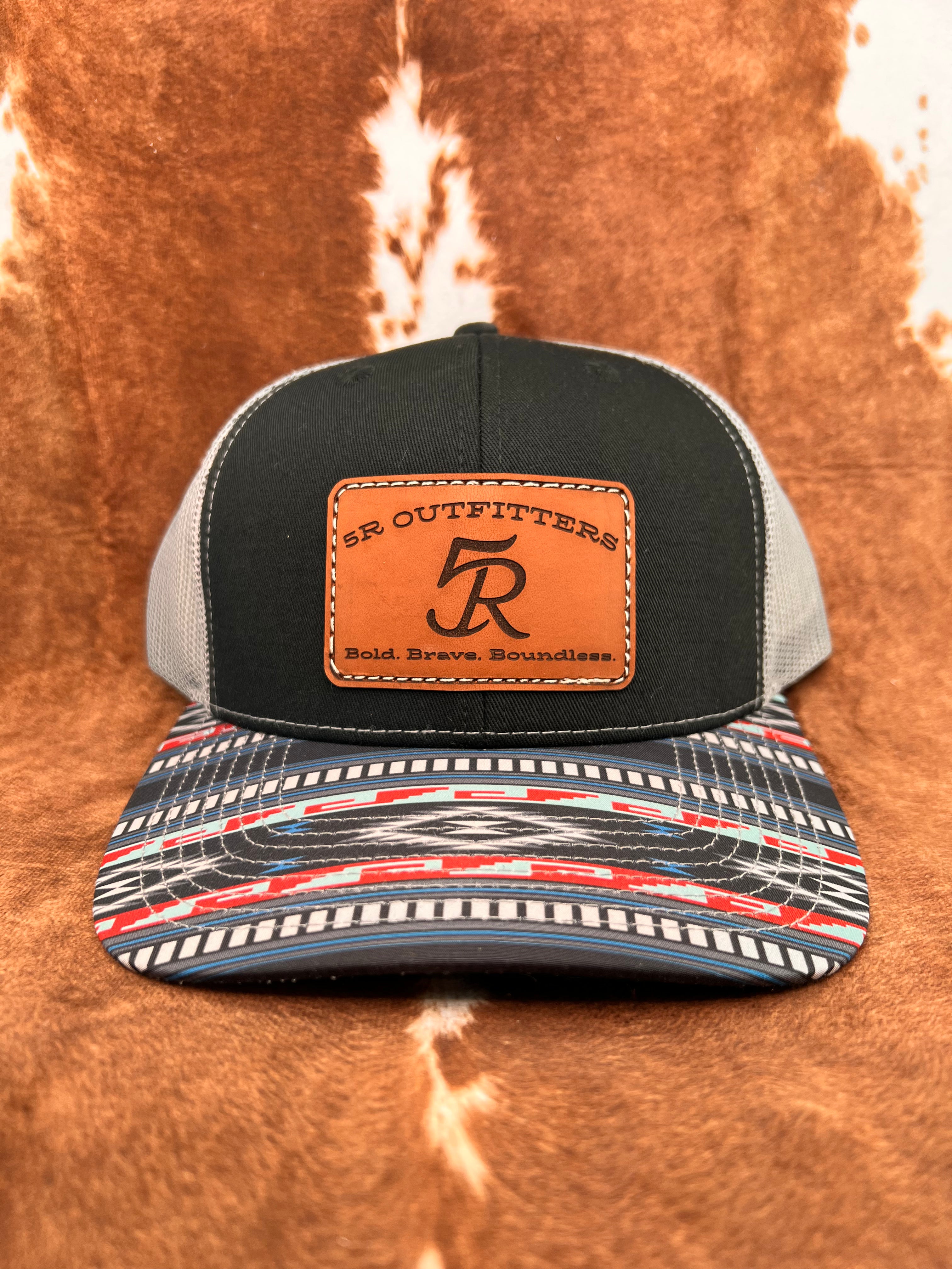 5R Sewn Leather Patch - Black & Gray with Aqua Aztec Bill Trucker
