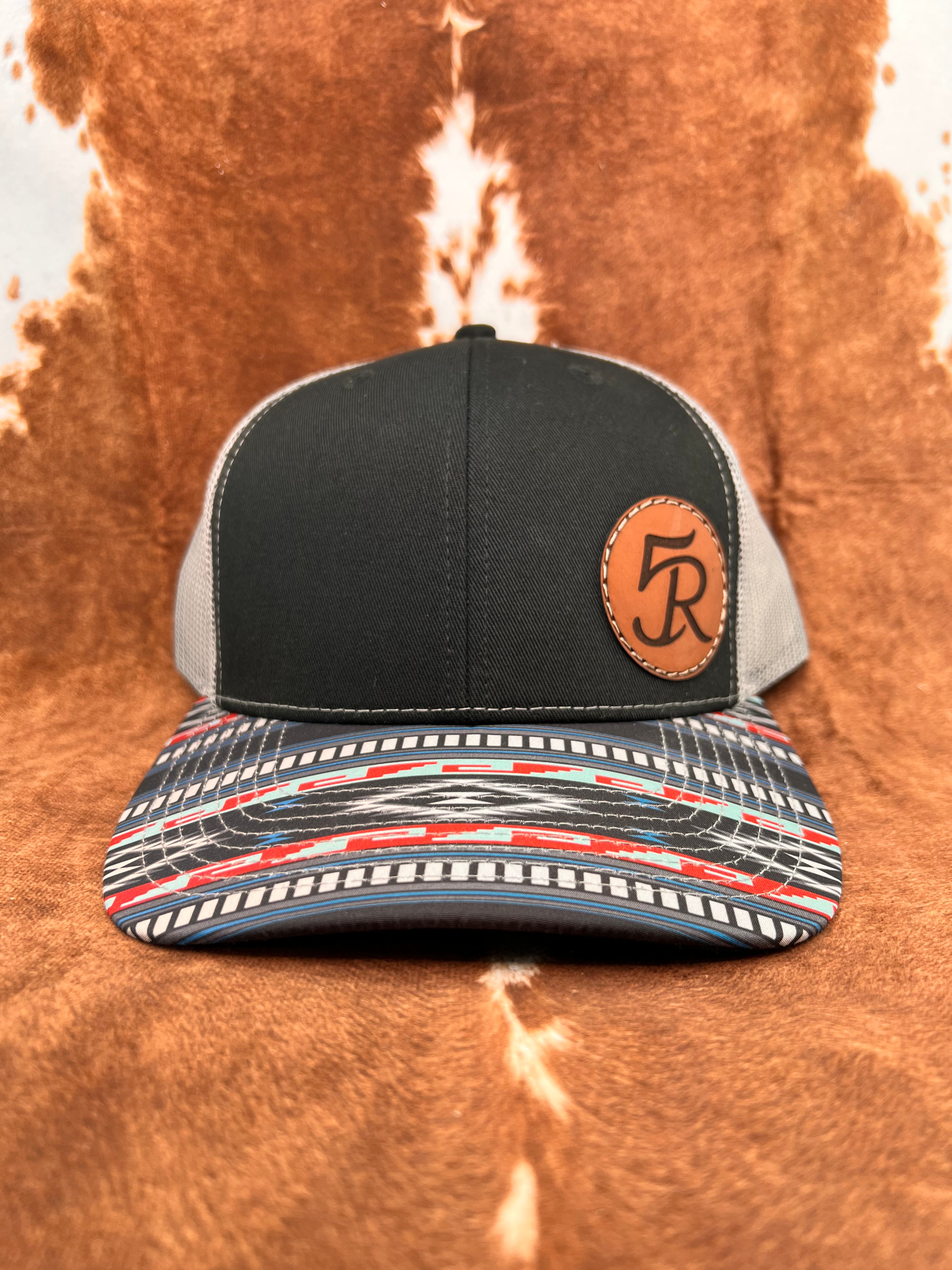 5R Sewn Leather Patch - Black & Gray with Aqua Aztec Bill Trucker