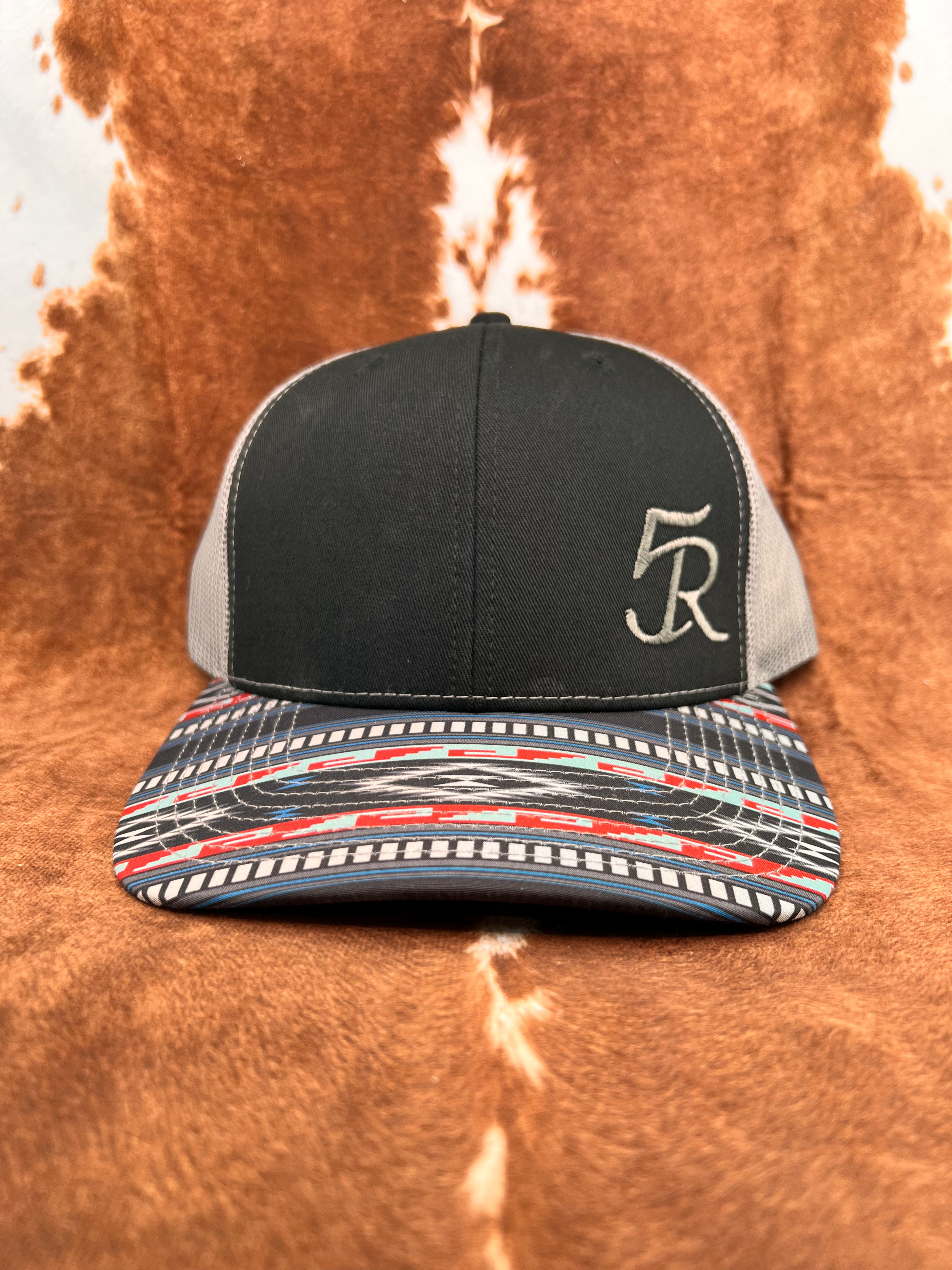 5R Sewn Leather Patch - Black & Gray with Aqua Aztec Bill Trucker