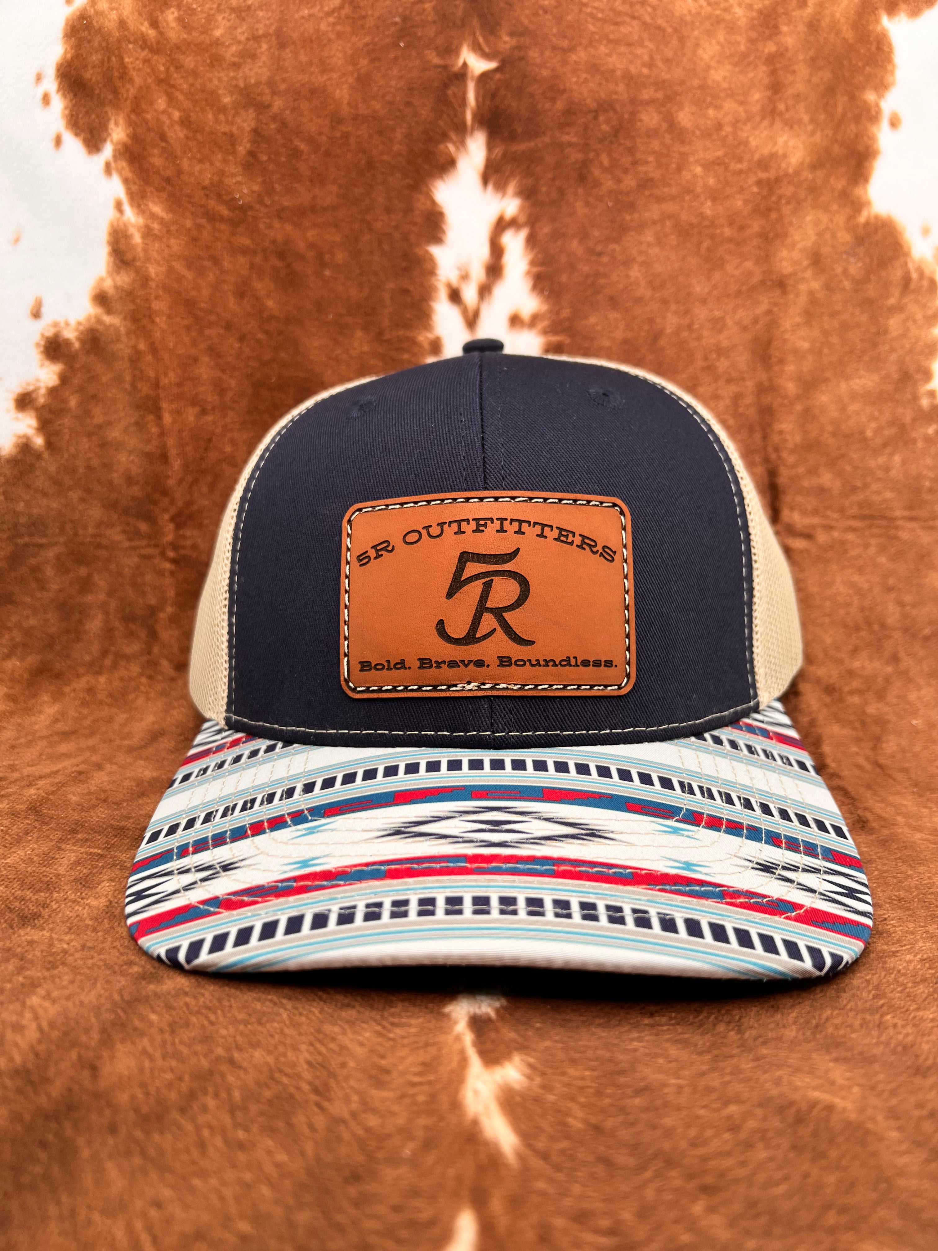 5R Sewn Leather Patch Blue Denim Blue Bill Aztec Bill Trucker