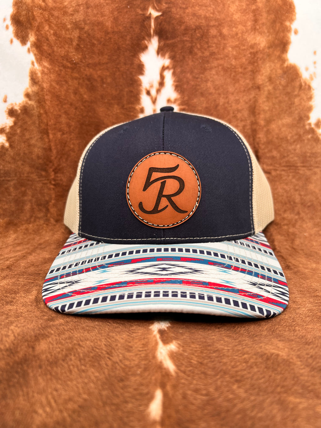 5R Sewn Leather Patch Blue Denim Blue Bill Aztec Bill Trucker