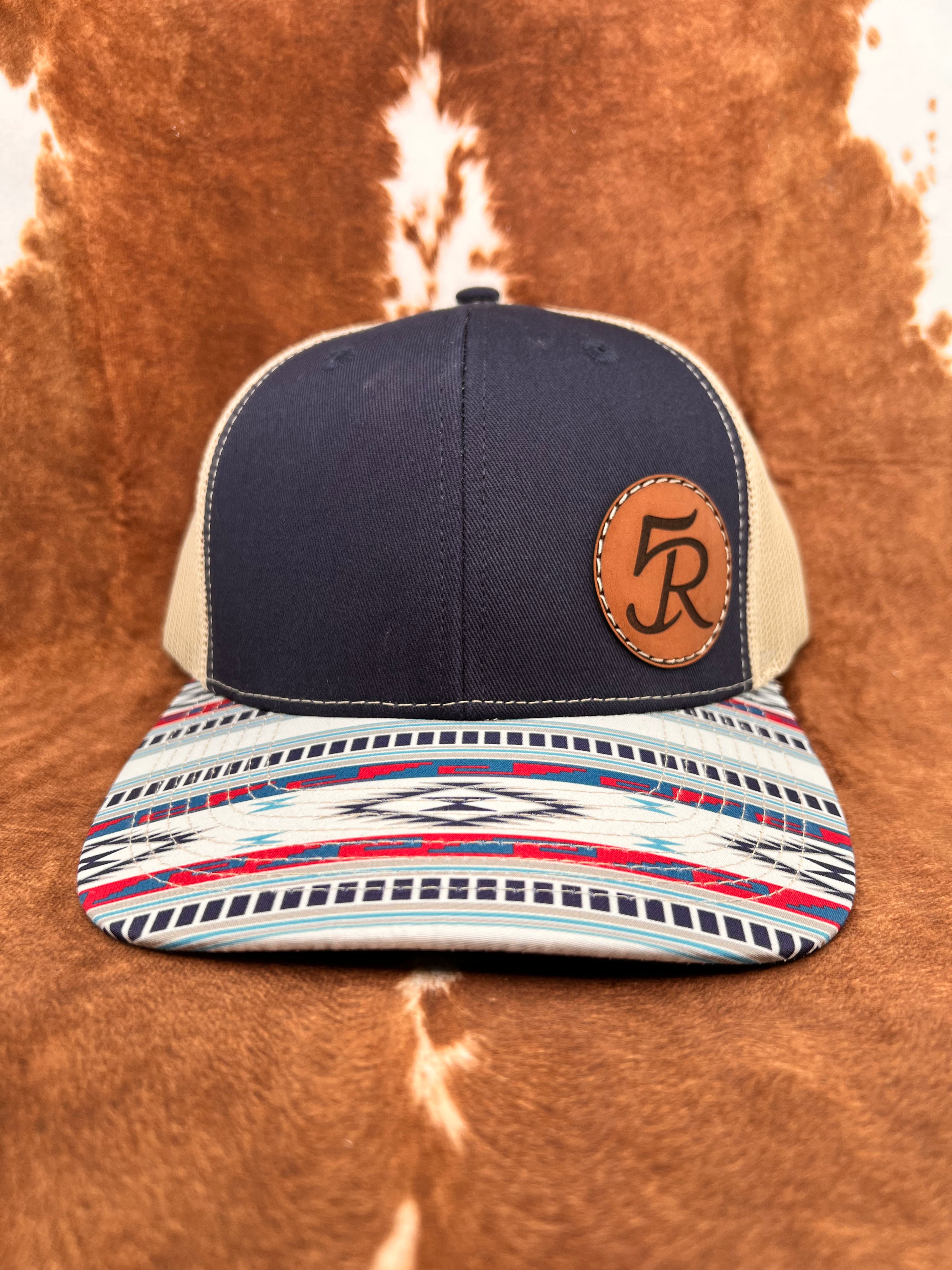 5R Sewn Leather Patch Blue Denim Blue Bill Aztec Bill Trucker