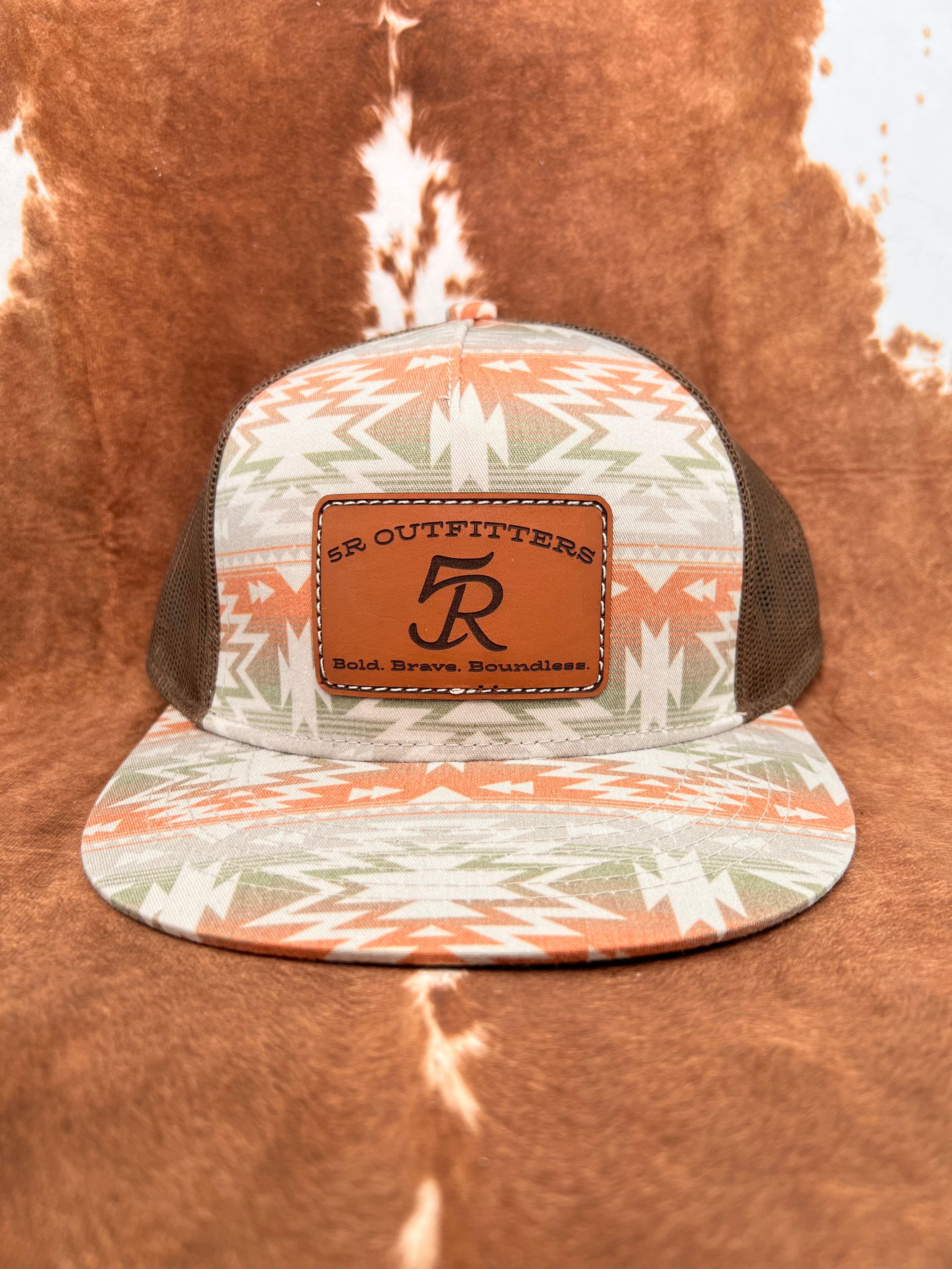 Sand Aztec Print 5 Panel Leather Patch Trucker