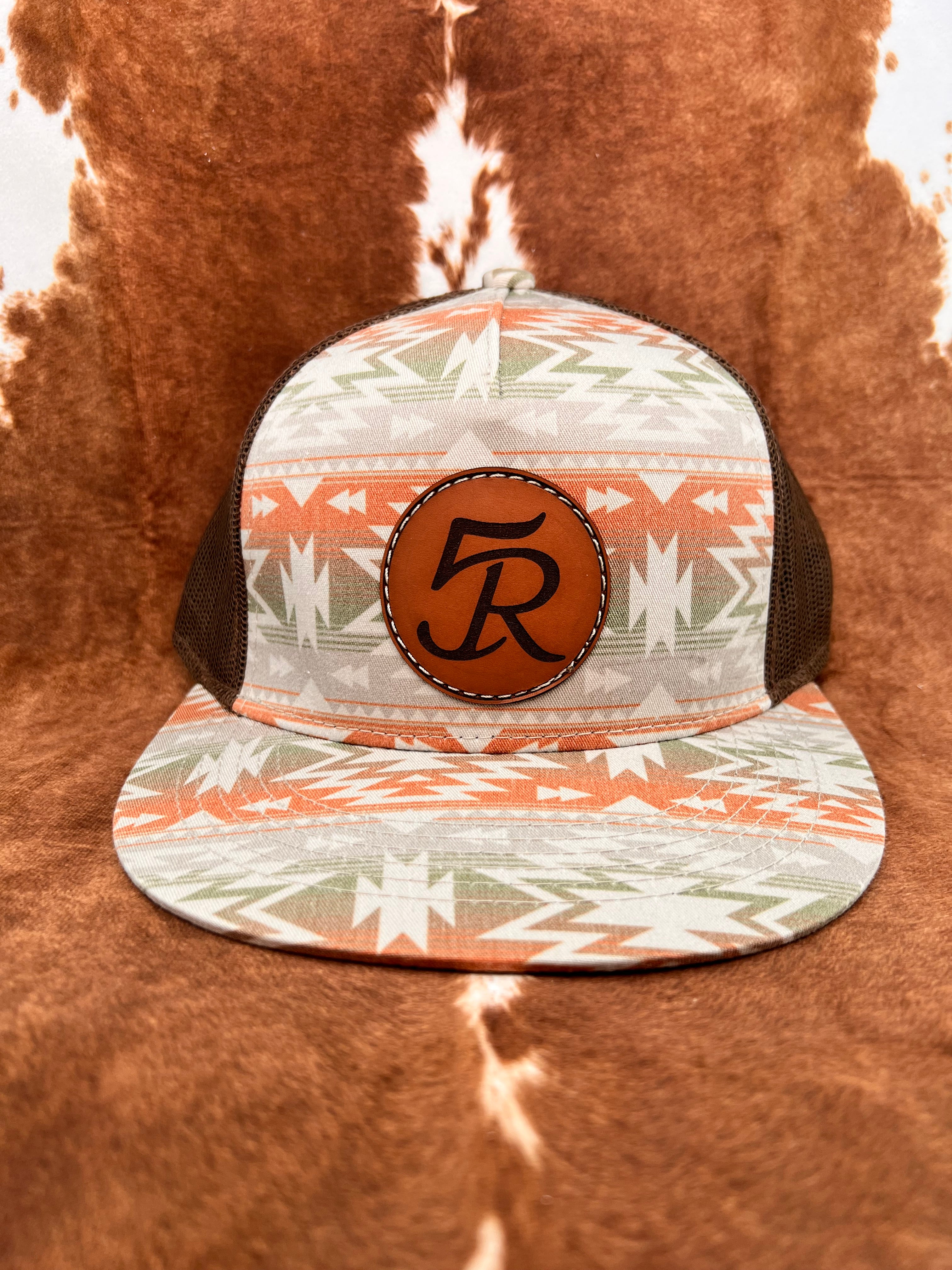 Sand Aztec Print 5 Panel Leather Patch Trucker