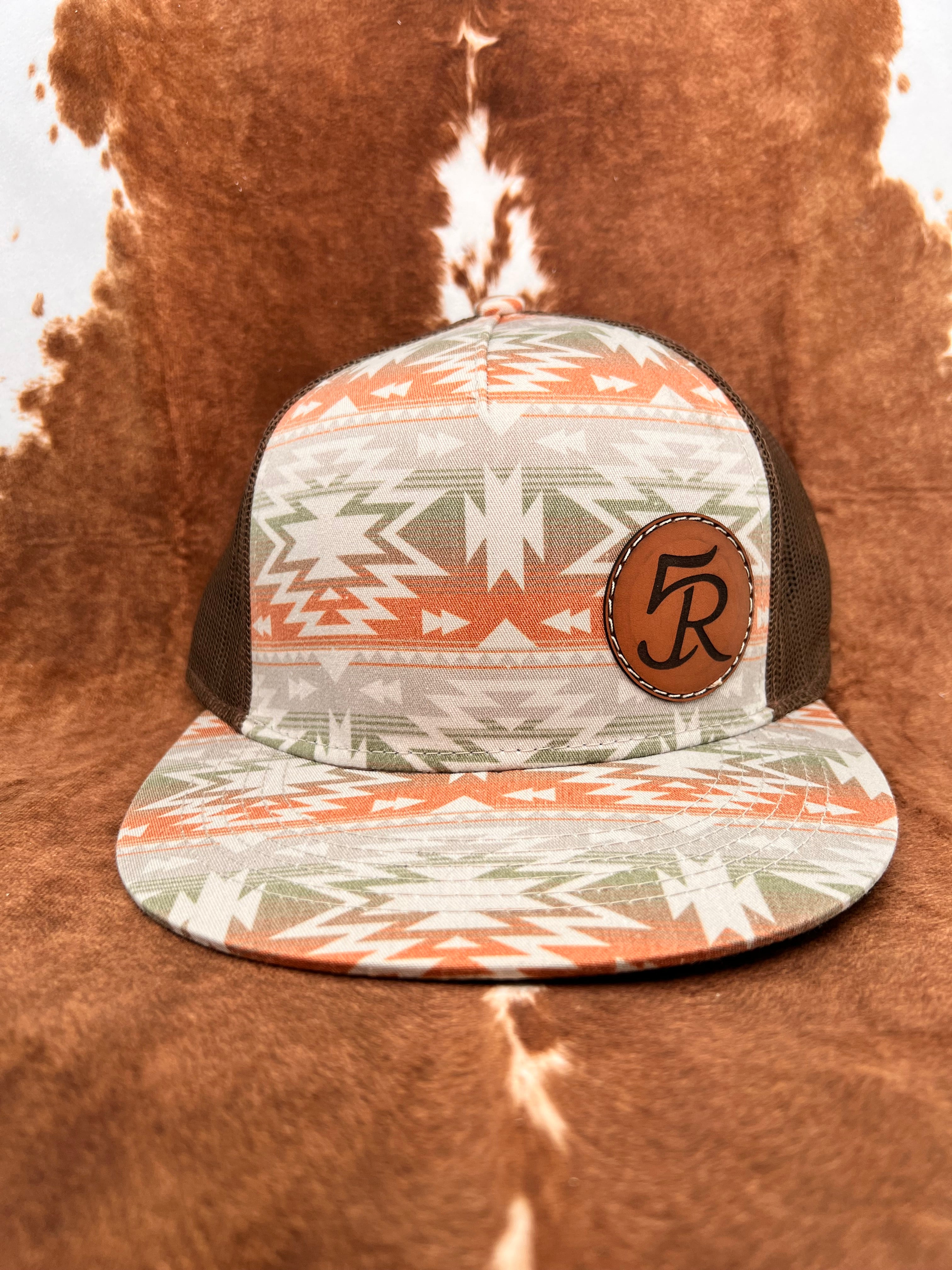 Sand Aztec Print 5 Panel Leather Patch Trucker