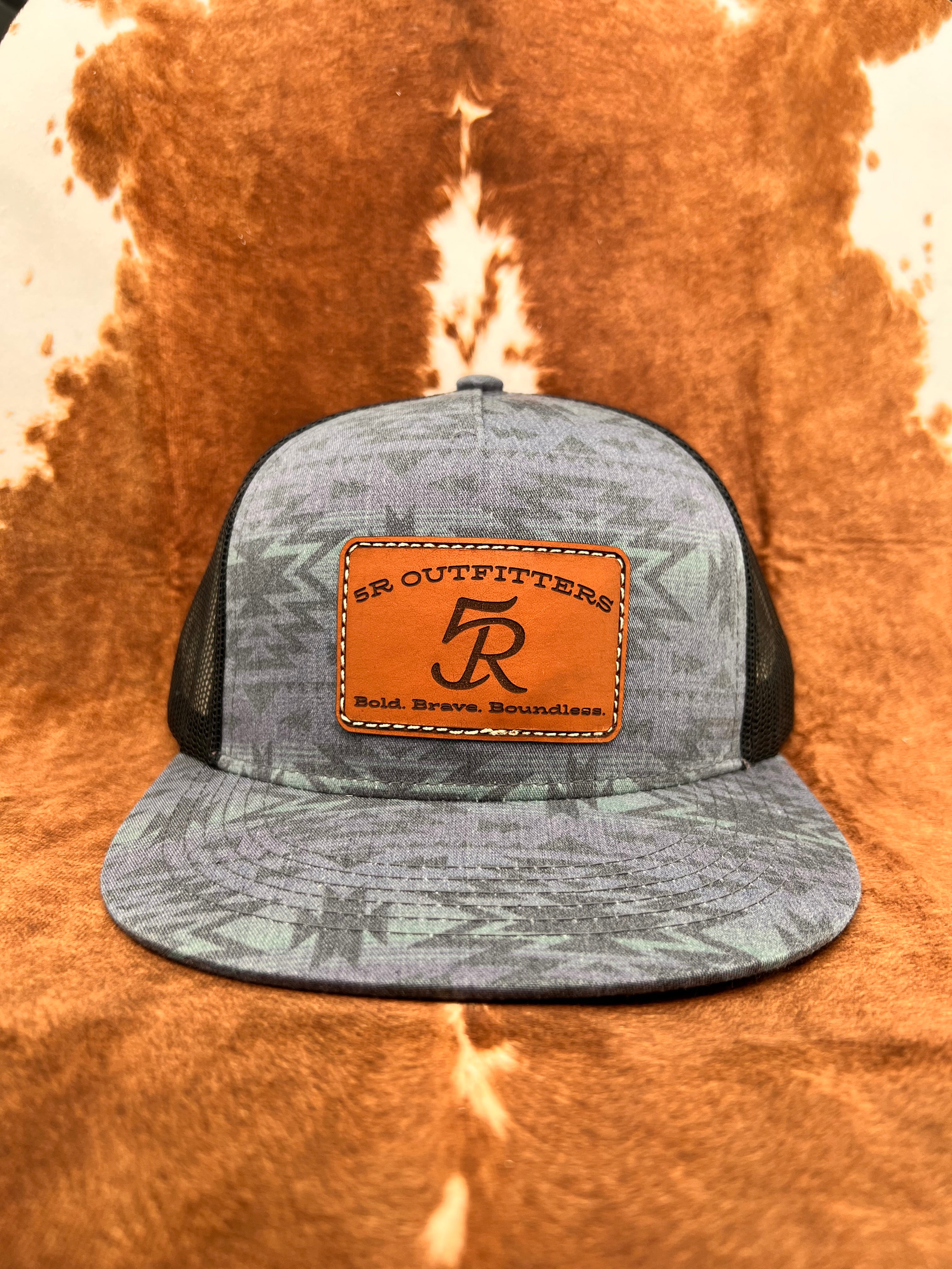 Blue Aztec Print 5 Panel Leather Patch Trucker