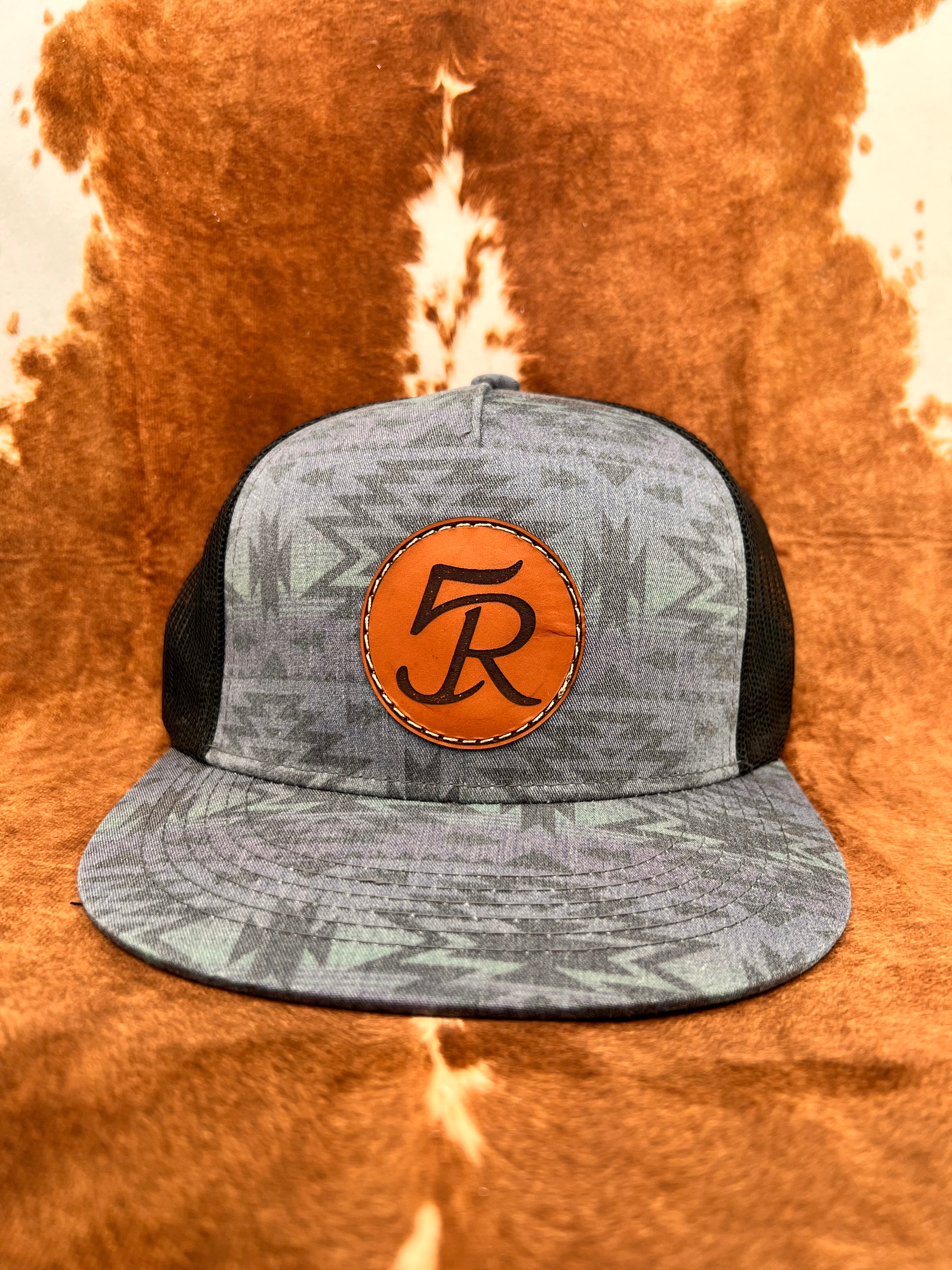 Blue Aztec Print 5 Panel Leather Patch Trucker