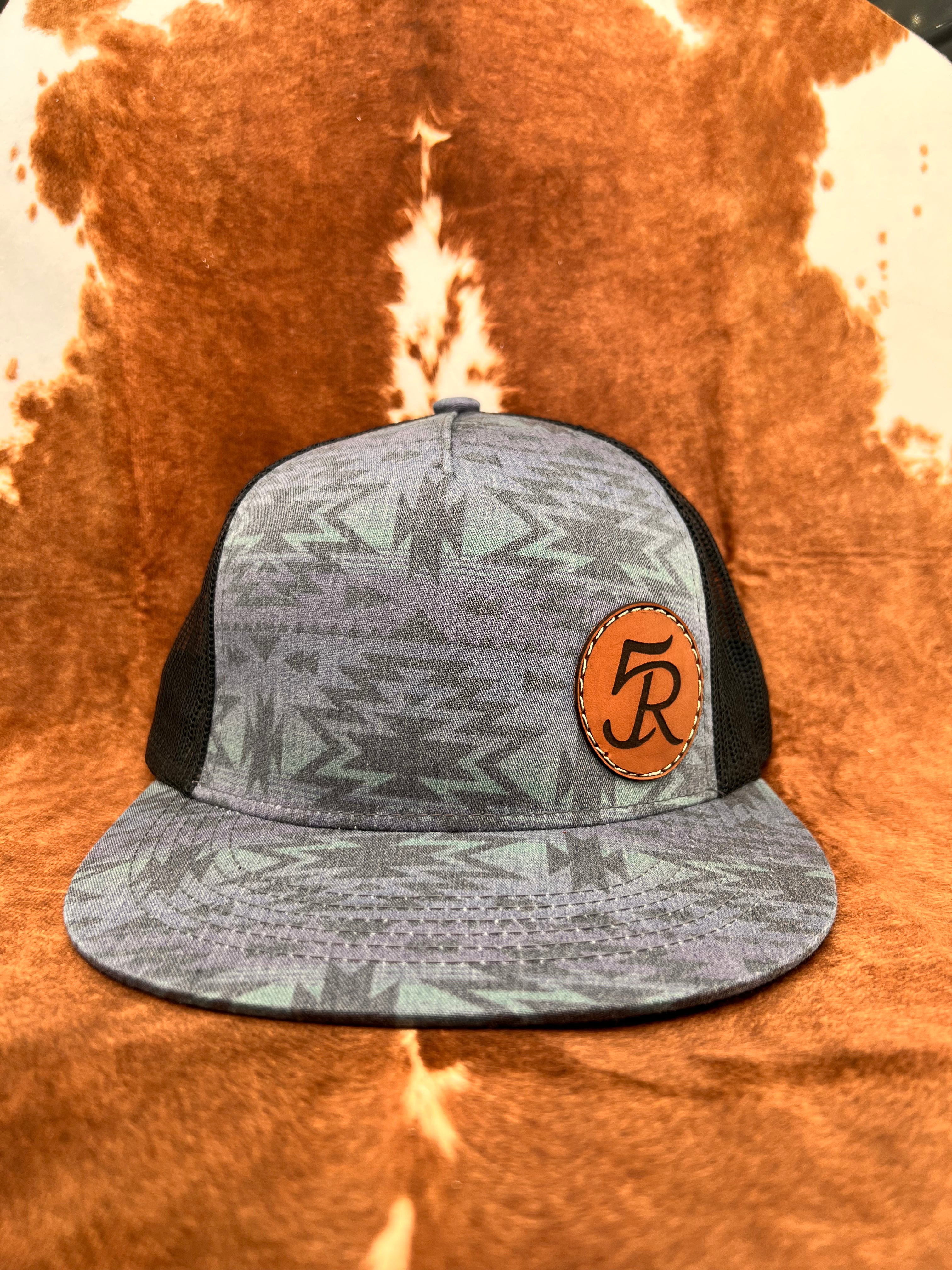 Blue Aztec Print 5 Panel Leather Patch Trucker