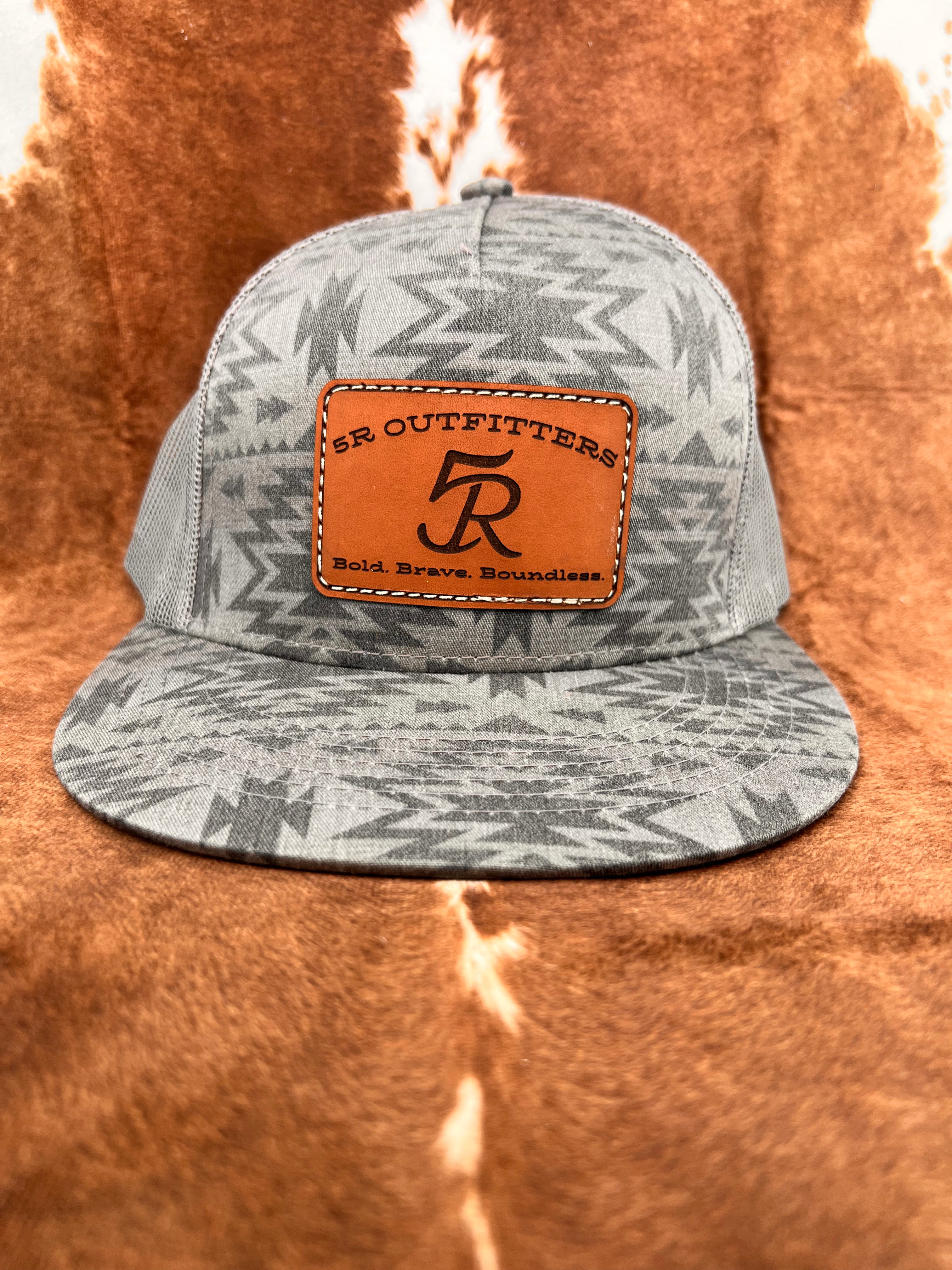 Grey Aztec Print 5 Panel Leather Patch Trucker