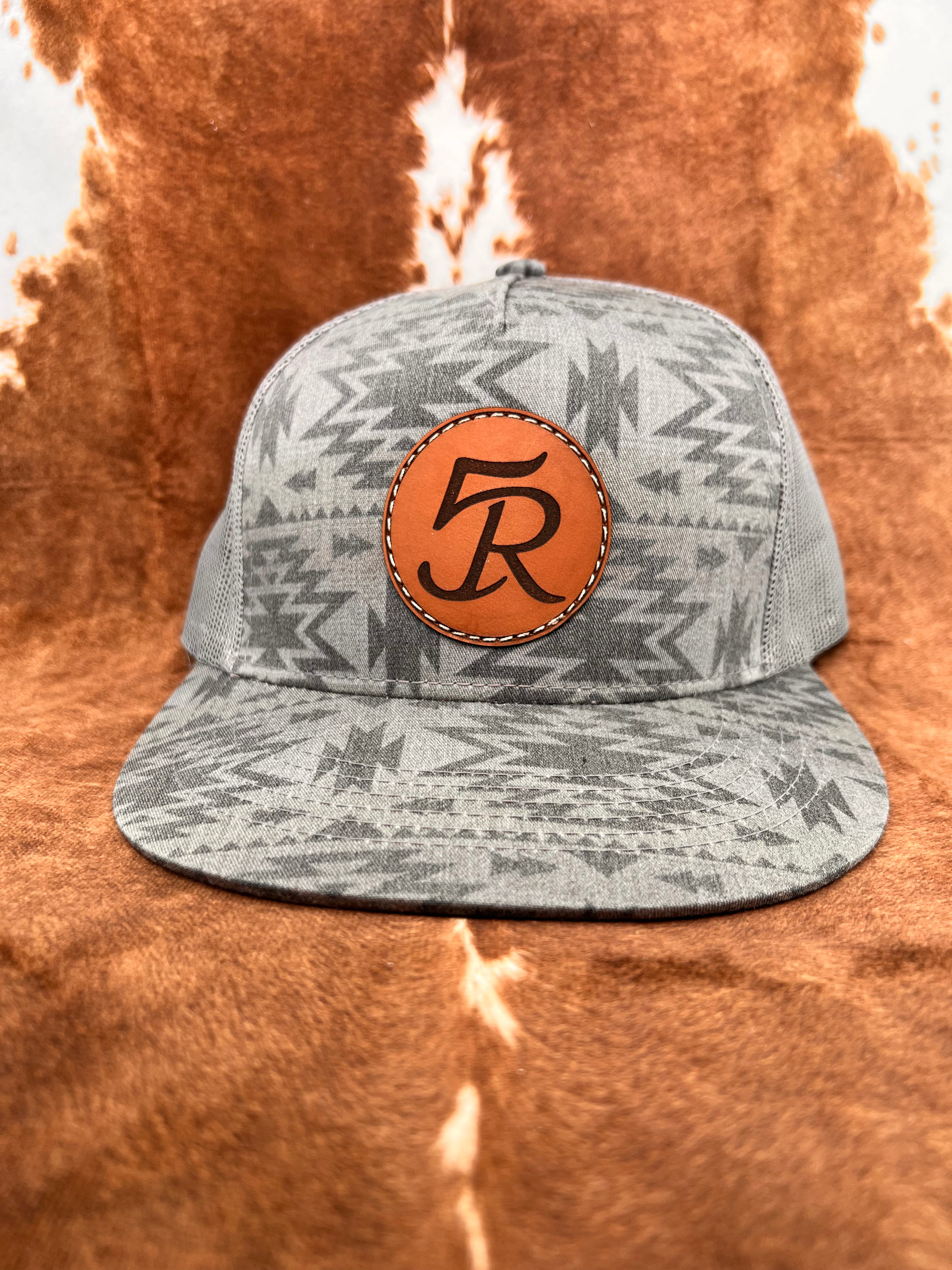 Grey Aztec Print 5 Panel Leather Patch Trucker