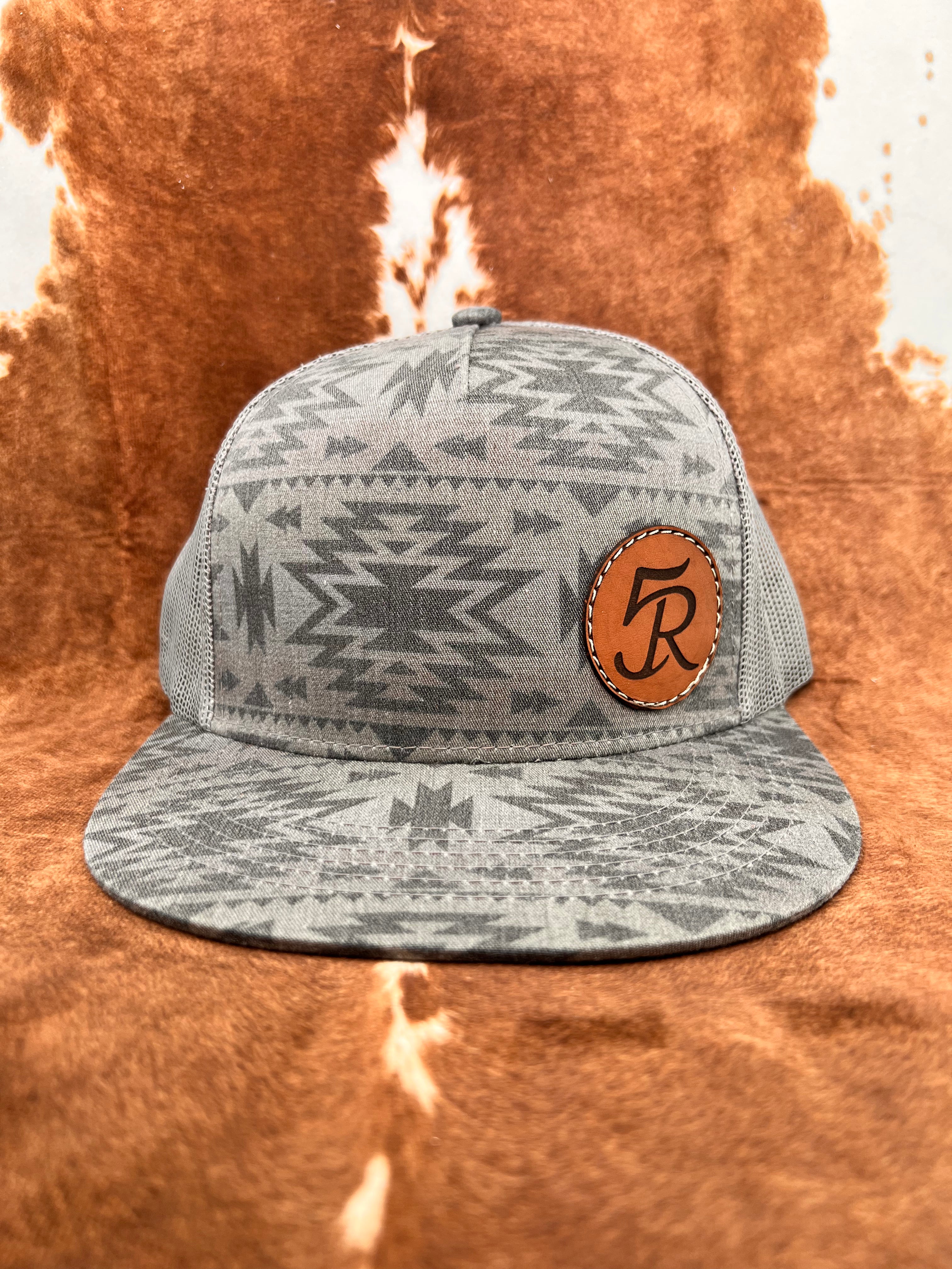 Grey Aztec Print 5 Panel Leather Patch Trucker